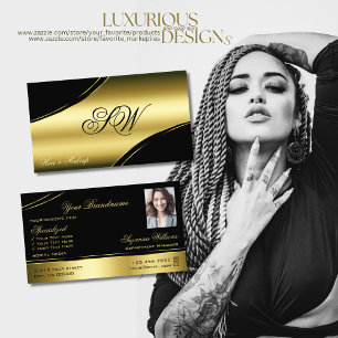 Classy Black Gold Curved Lines Monogram and Photo Business Card