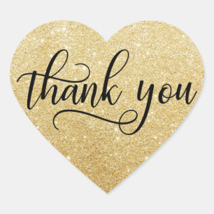 Classy Black Gold Faux Glitter Script Thank You Heart Sticker