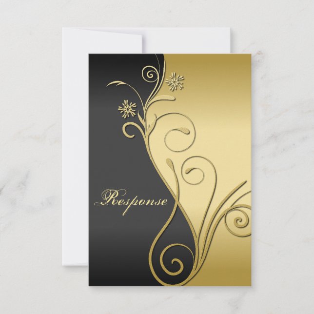 Classy Black Gold Floral Wedding Response RSVP (Front)