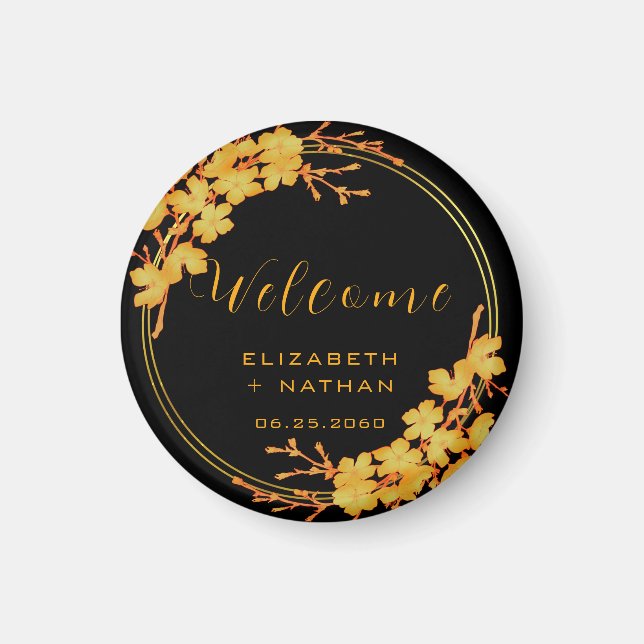 Classy Black & Gold Floral Wedding welcome Magnet (Front)