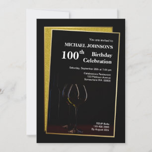 Classy Black Gold Glitter 100th Birthday Invitation