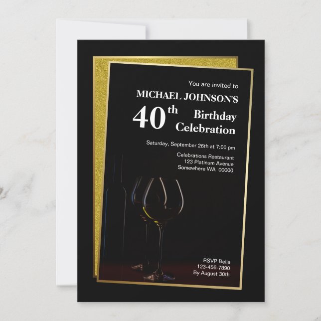 Classy Black Gold Glitter 40th Birthday Invitation (Front)