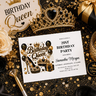 Classy Black Gold Glitter Birthday Queen Party Invitation