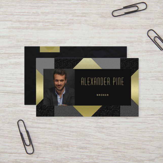 Classy Black Gold Grey Geometric Real Estate Photo Business Card (Front/Back In Situ)