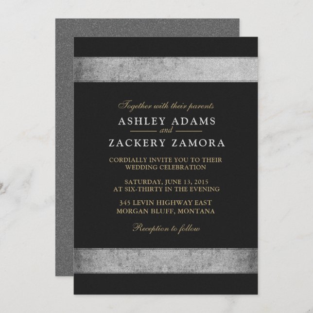 Classy/Black, Gold, Grey/Grunge Wedding Invitation (Front/Back)