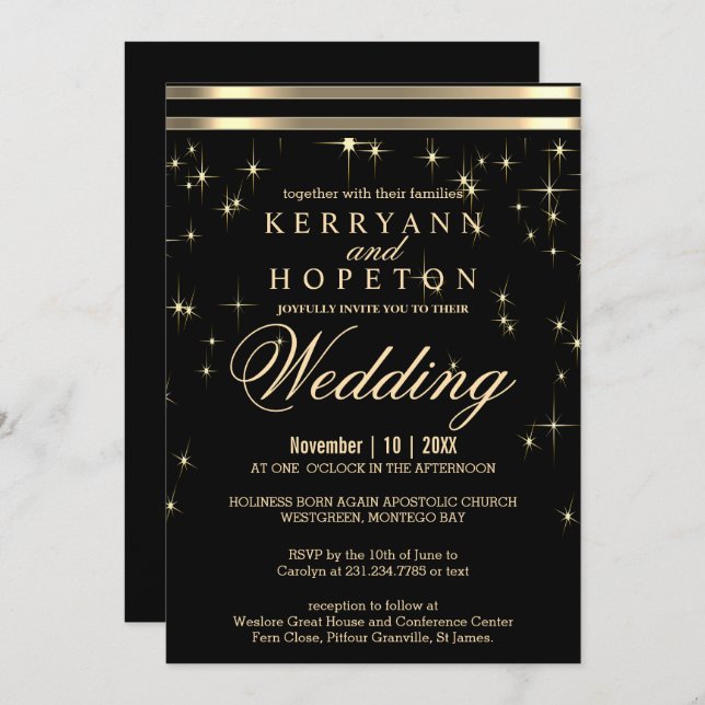 Classy Black & Gold Starlight with Bars  Invitatio Invitation (Front/Back)