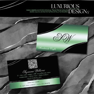 Classy Black Green Curved Lines Monogram QR Code Business Card