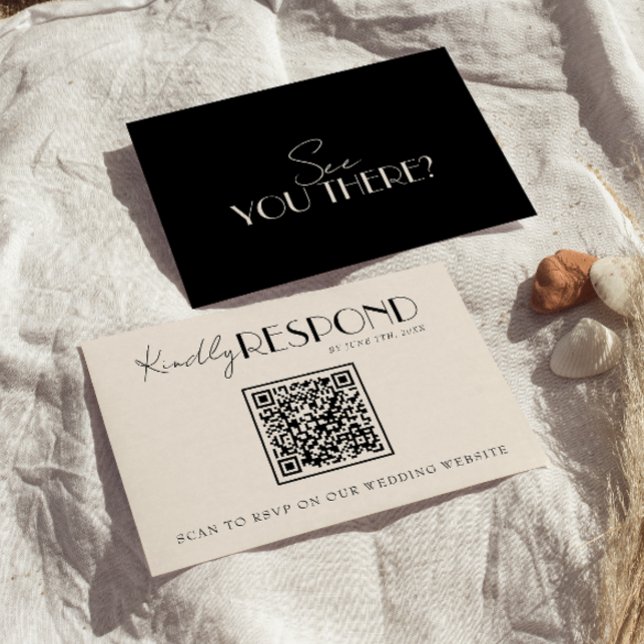 Classy Black Ivory Old Money Fancy QR Code Wedding RSVP Card (Creator Uploaded)