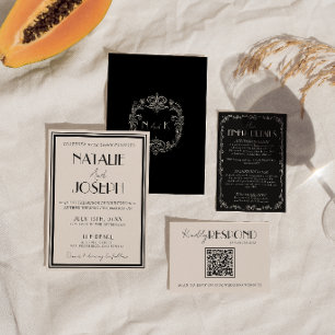 Classy  Black Ivory Old Money Luxury Retro Wedding Invitation