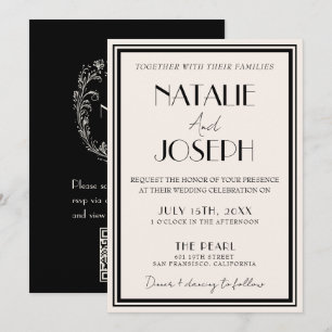 Classy Black Ivory Old Money Retro QR Code Wedding Invitation