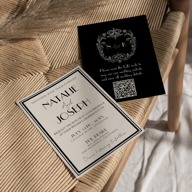 Classy Black Ivory Old Money Retro QR Code Wedding Invitation (Creator Uploaded)