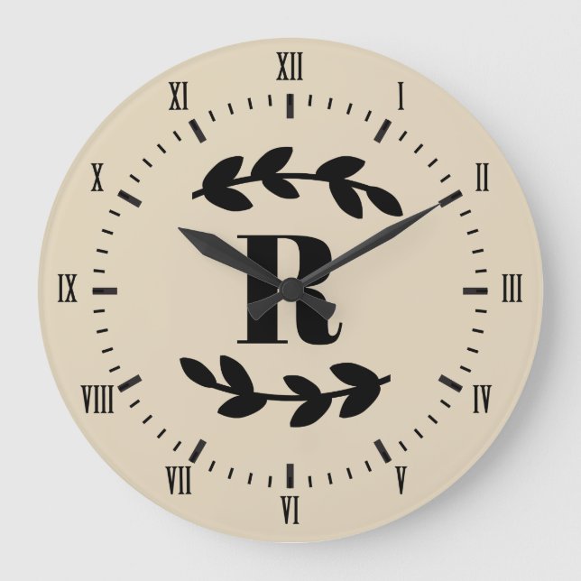 Classy Black Laurels Monogram Large Clock (Front)