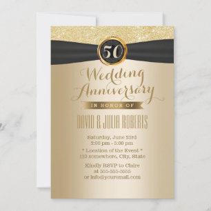 Classy Black Ribbon Gold 50th Wedding Anniversary Invitation