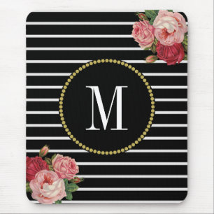 Classy Black Striped Antique Boho Floral Monogram Mouse Pad