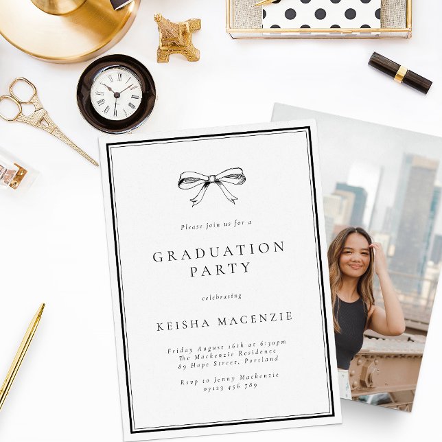 Classy Black Vintage Bow Photo Graduation Party Invitation (Creator Uploaded)