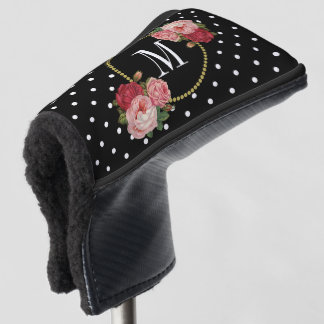 Classy Black Vintage Floral Polka Dots Monogram Golf Head Cover