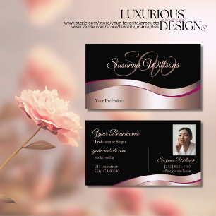 Classy Black Wavy Rose Gold Decor Initials Photo Business Card