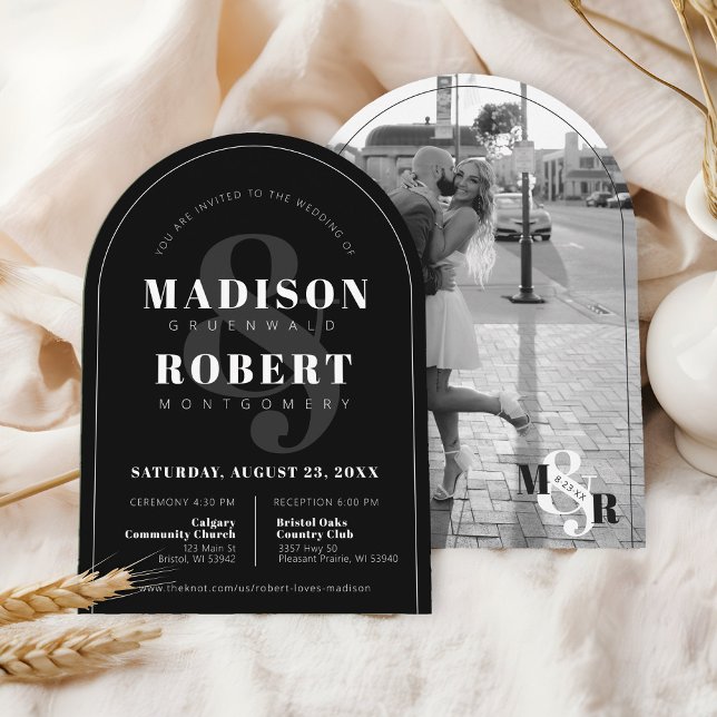 Classy Black & White Ampersand Photo Arch Wedding Invitation (Modern, simple, elegant black and white photo arch shape classic photo monogram arch wedding invite)