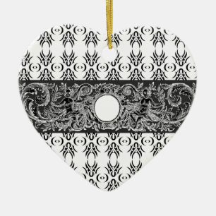 Classy black white Baroque pattern to customise Ceramic Tree Decoration