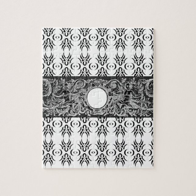 Classy black white Baroque pattern to customise Jigsaw Puzzle (Vertical)