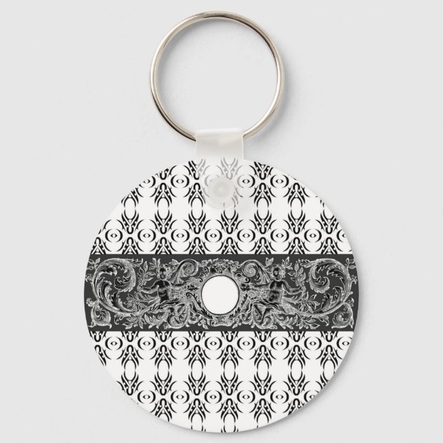 Classy black white Baroque pattern to customise Key Ring (Front)