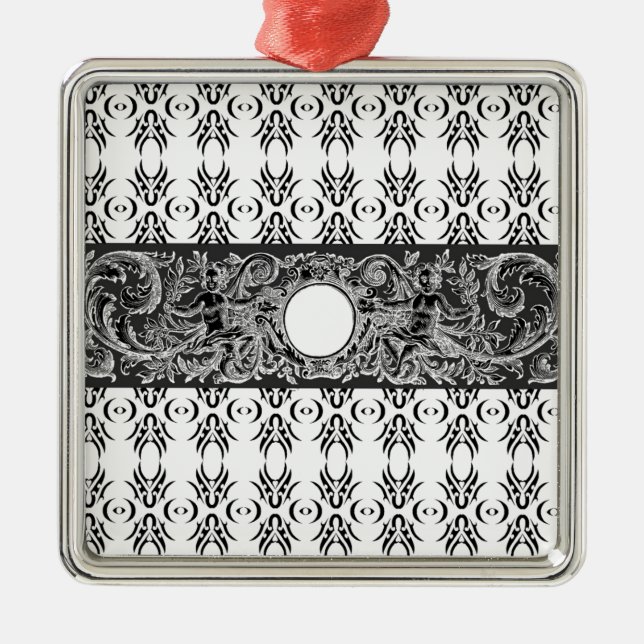 Classy black white Baroque pattern to customise Metal Tree Decoration (Front)