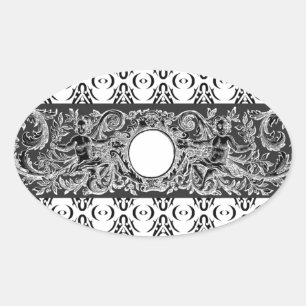 Classy black white Baroque pattern to customise Oval Sticker