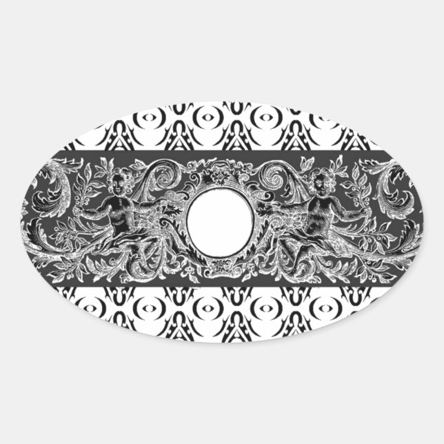 Classy black white Baroque pattern to customise Oval Sticker (Front)