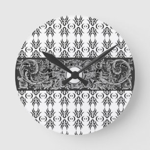 Classy black white Baroque pattern to customise Round Clock