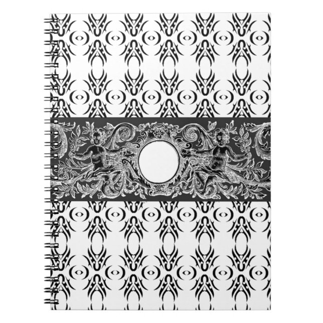 Classy black white Baroque pattern to customise Spiral Notebook (Front)