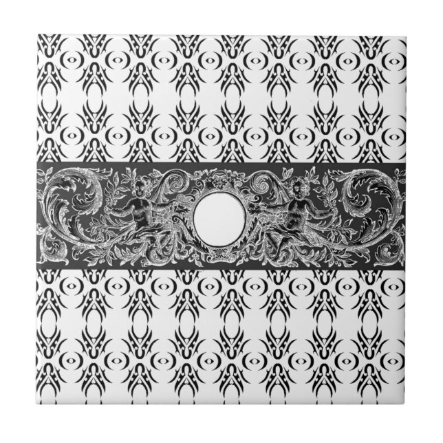 Classy black white Baroque pattern to customise Tile (Front)