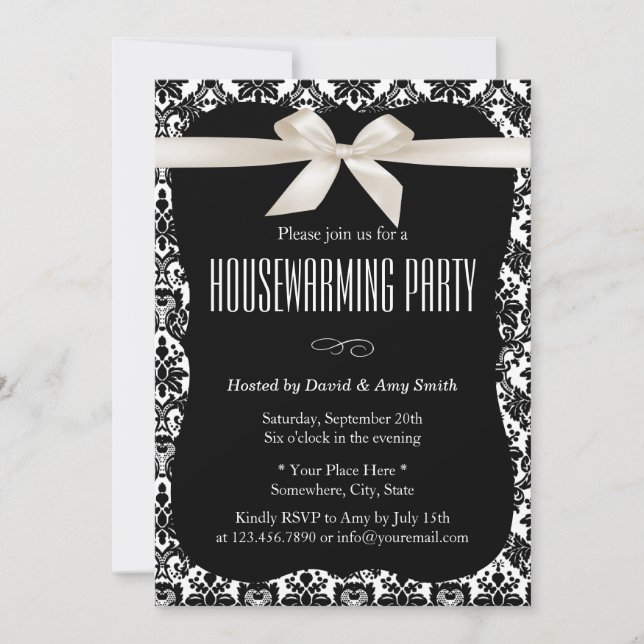Classy Black & White Damask Housewarming Party Invitation (Front)