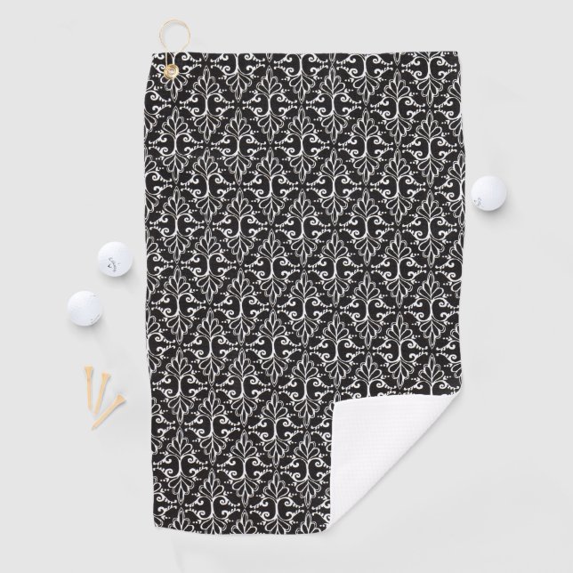 Classy Black White Damask Pattern Fancy Scrolls Golf Towel (InSitu)
