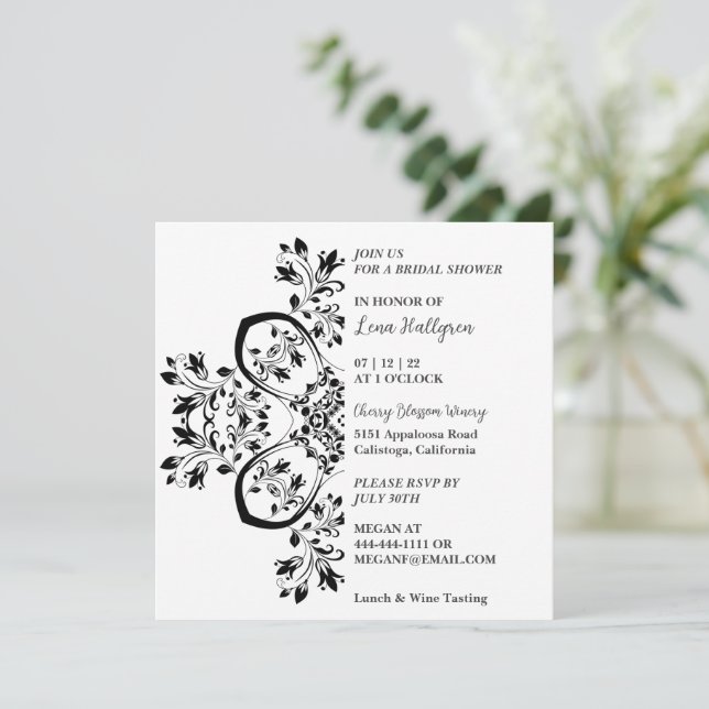 Classy Black & White Floral Invitation (Standing Front)