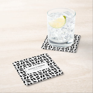Classy black white geometric floral wedding square paper coaster