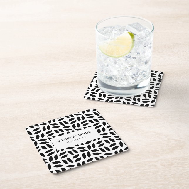 Classy black white geometric floral wedding square paper coaster (Insitu)