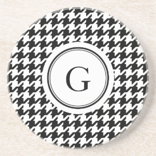 Classy black white houndstooth pattern monogram coaster