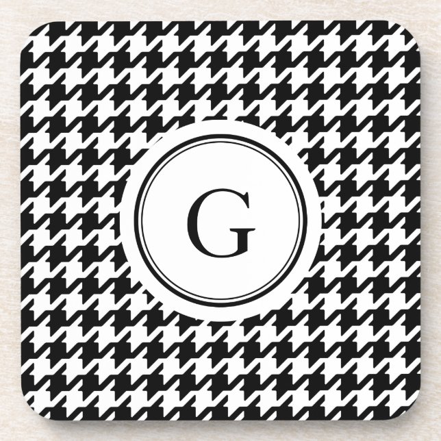 Classy black white houndstooth pattern monogram coaster (Front)