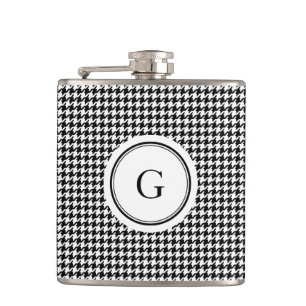 Classy black white houndstooth pattern monogram hip flask