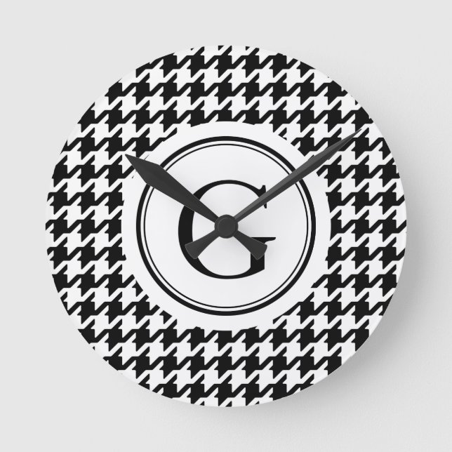 Classy black white houndstooth pattern monogram round clock (Front)