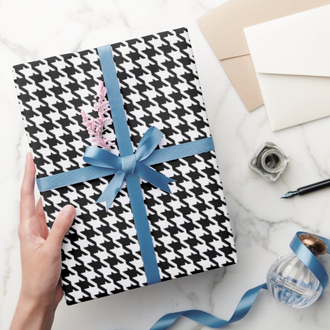 Classy black white houndstooth pattern monogram wrapping paper (Gifting)