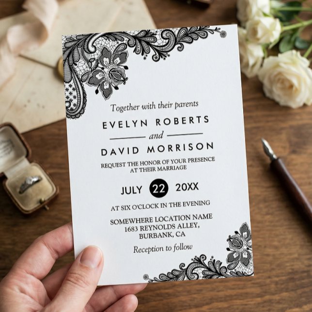 Classy Black White Lace Pattern Formal Wedding Invitation (Creator Uploaded)