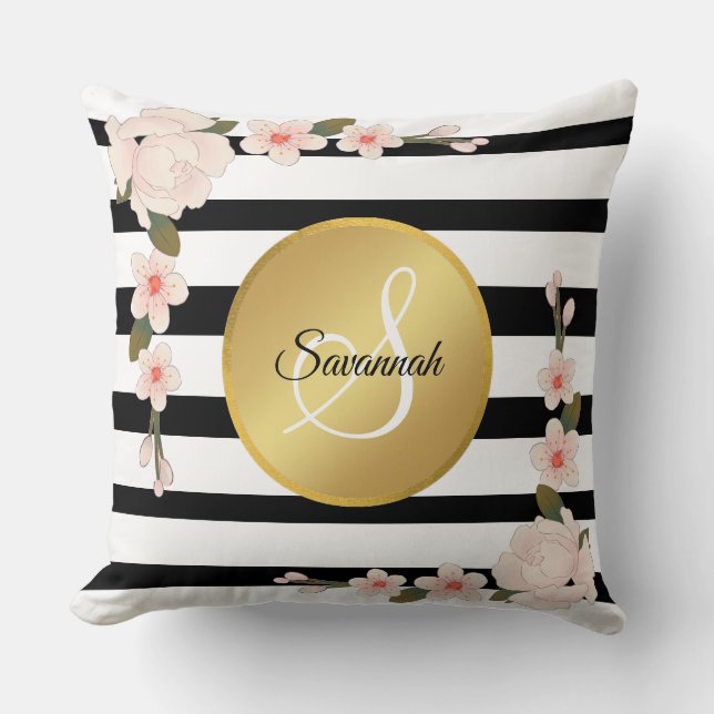 Classy black & white stripe Bridesmaid name Cushion (Front)
