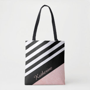 Classy black & white stripe rose gold glitter tote bag
