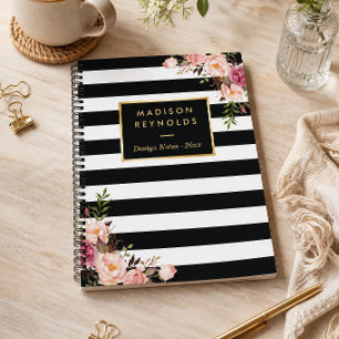 Classy Black White Stripes Floral Personal Notes Notebook