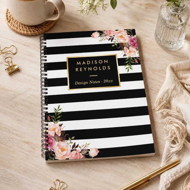 Classy Black White Stripes Floral Personal Notes Notebook (Creator Uploaded)