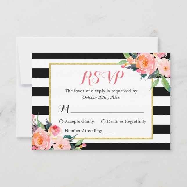 Classy Black White Stripes Floral RSVP Reply Card (Front)