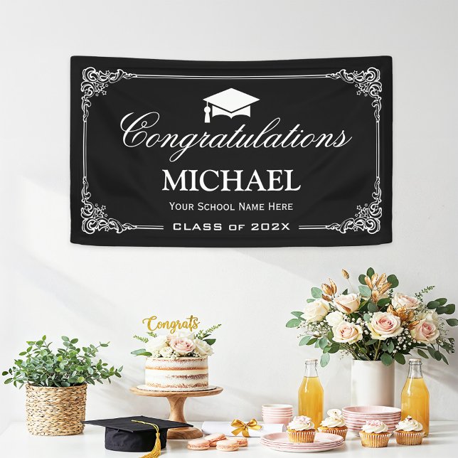 Classy Black White Vintage Frame Graduation Party Banner (Creator Uploaded)