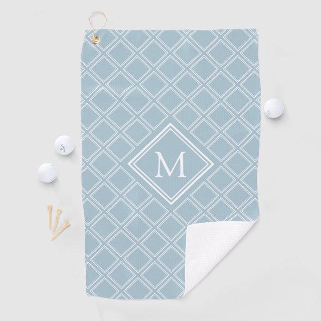 Classy Blue and White Diamond Pattern Monogram Golf Towel (InSitu)