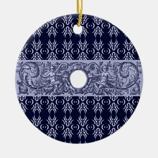 Classy Blue Baroque Pattern by LeahG - cherubs Ceramic Tree Decoration (Front)